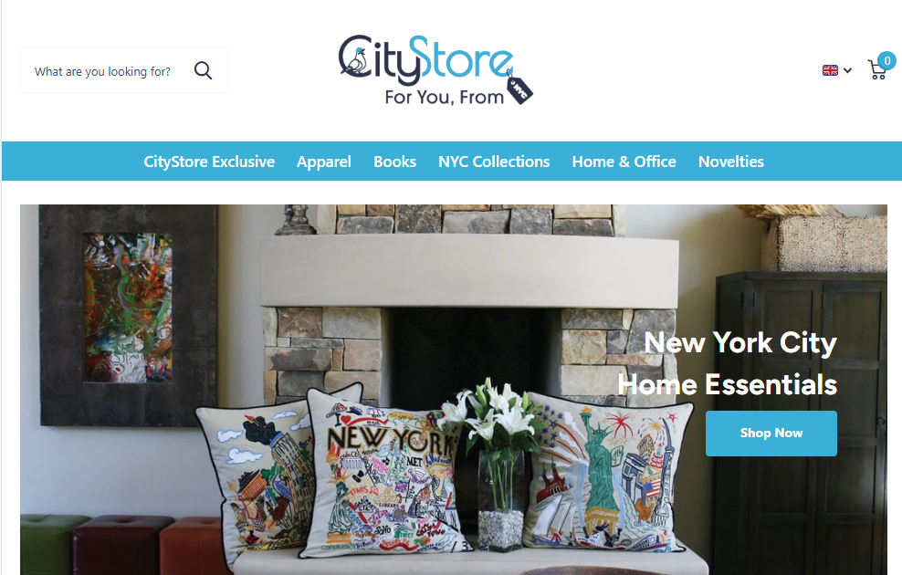 A screen shot of the Welcome screen for the CityStore and includes the entire the site button and an image that includes the Made in NY t-shirt and a book of the same name