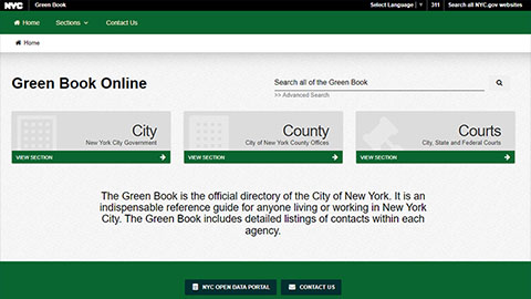 A screenshot of the Green Book Online home page the 3 sections of the book City, County and Courts