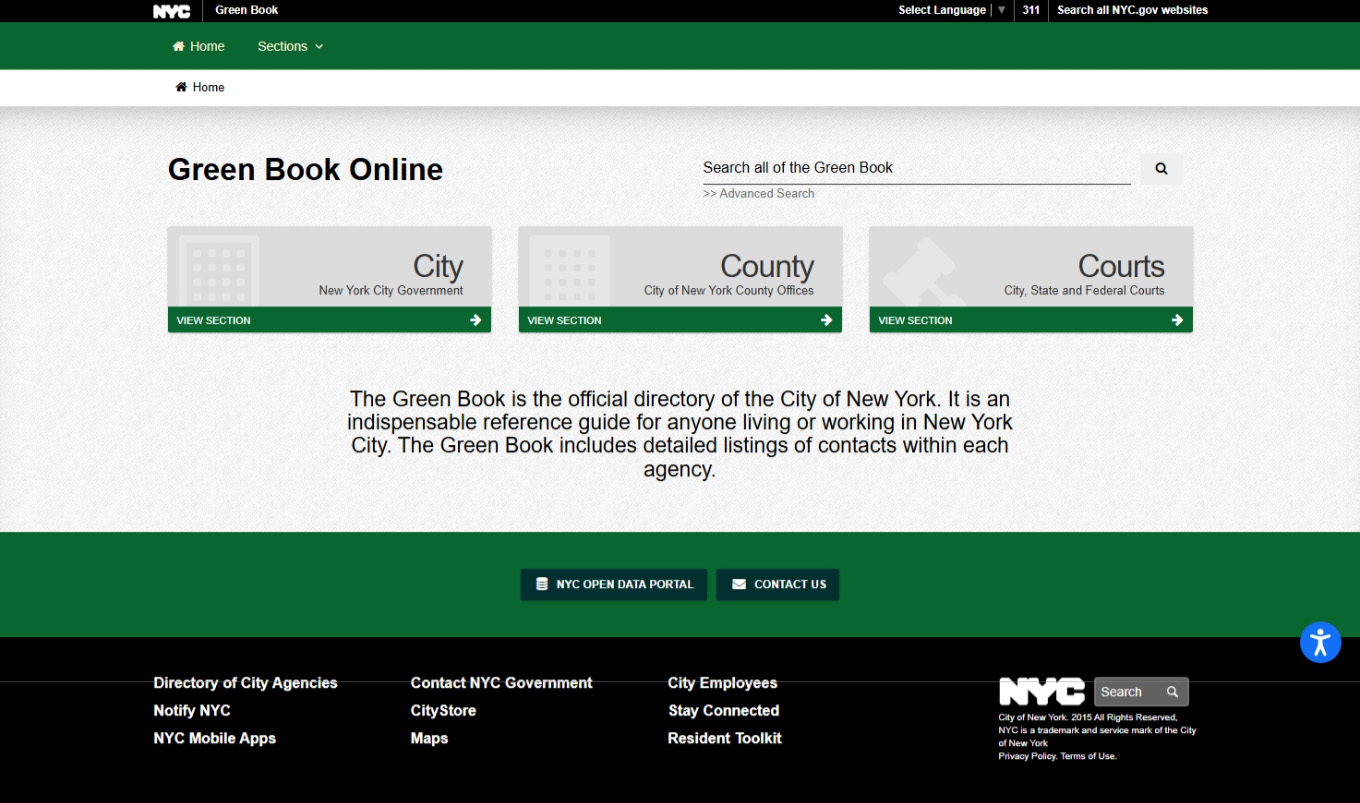 A screenshot of the Green Book Online home page the 3 sections of the book City, County and Courts.