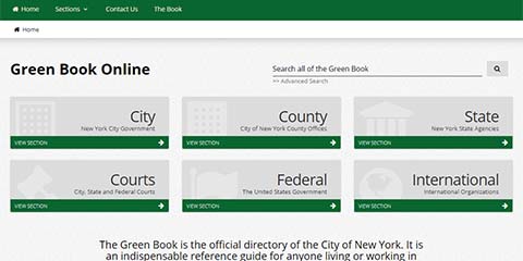 A screenshot of the Green Book Online home page the 6 sections of the book City, County, State, Courts, Federal, International