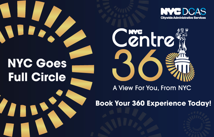 NYC Centre 360 with Civic Fame and gold lettering on a blue background.