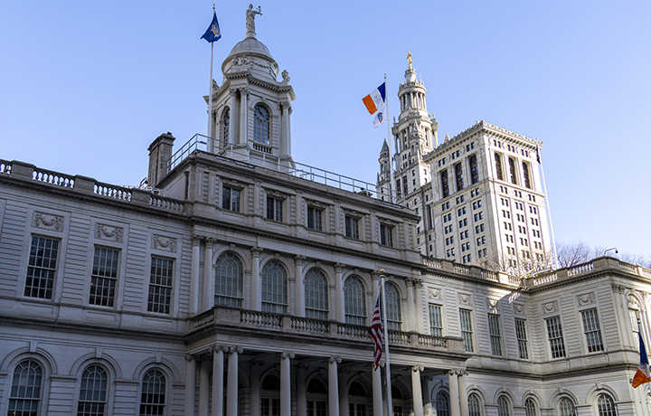 New York City Hall on a sunny day.
                                           