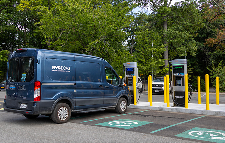 Newly unveiled electric vehicle charging stations at George Seuffert, Sr. Bandshell in Forest Park, Queens.
                                           