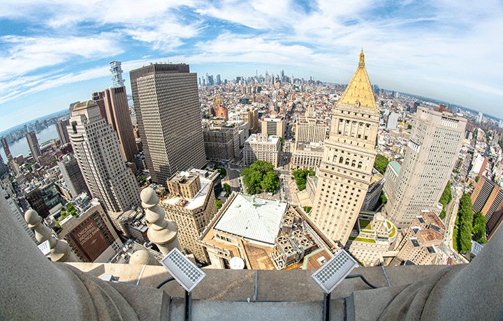 View from Centre 360 atop of One Centre St looking down at the Manhattan Civic Center area.
                                           
