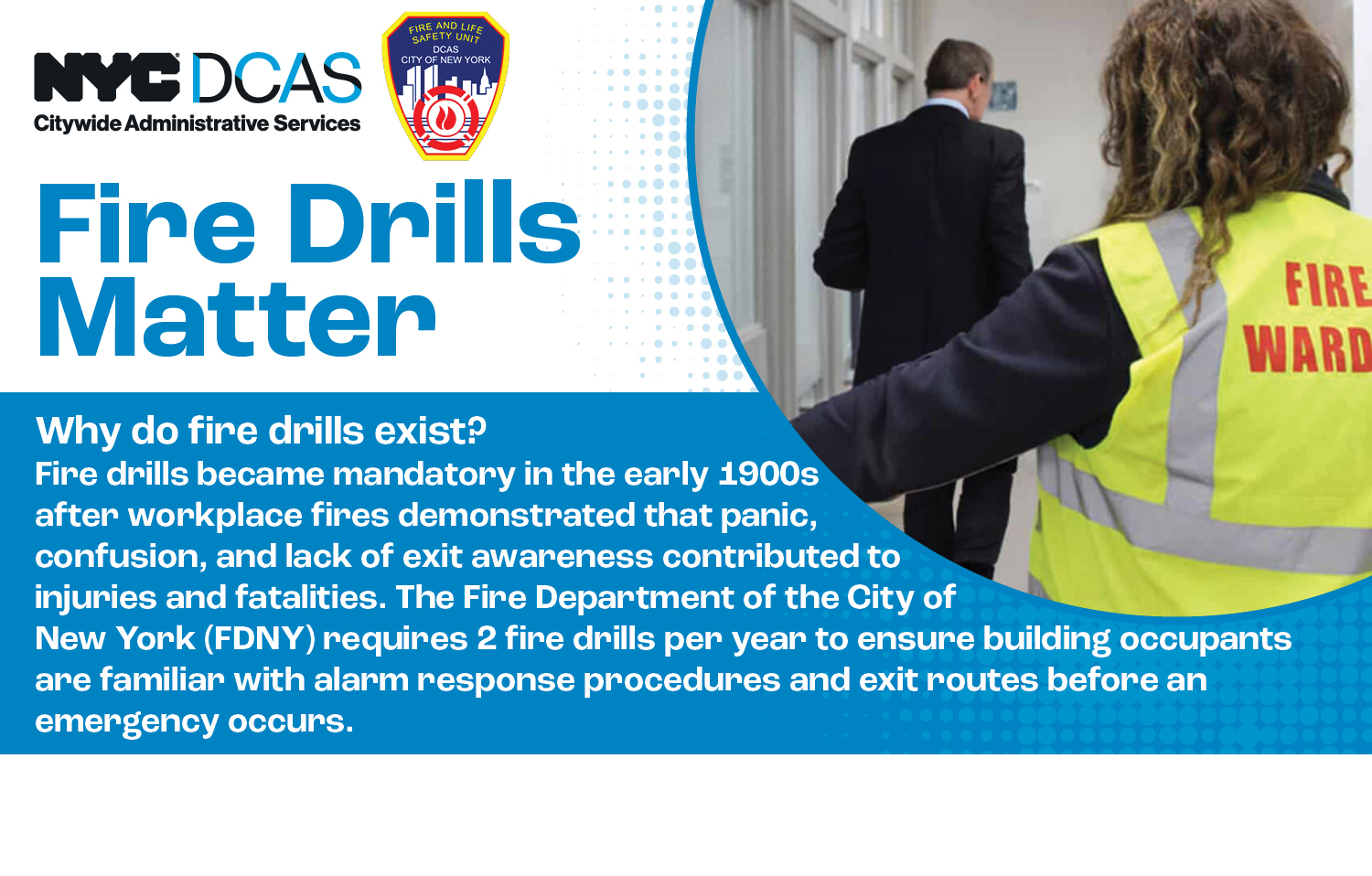 Fire warden directing a man in a suit during a fire drill.
                                           