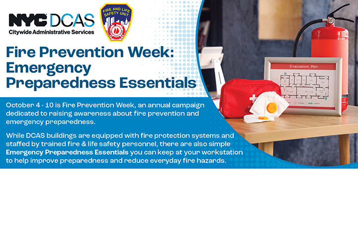 Fire Prevention Week: Emergency Preparedness Essentials and a pic of an evacuation plan and fire extinguisher.
                                           