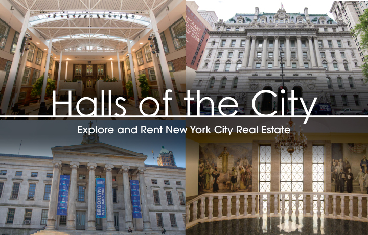 Four photos of DCAS managed buildings and the heading Halls of the City.
                                           