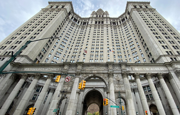 Exterior view of the David N. Dinkins Municipal Building at 1 Centre Street.
                                           