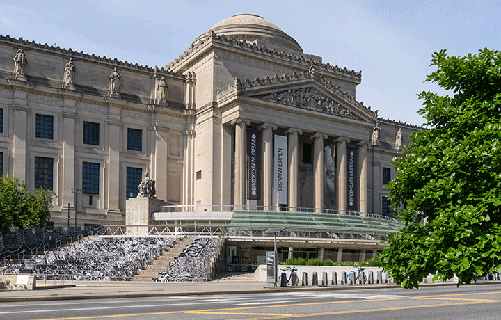 Exterior view of the Brooklyn Museum, showing its classical stone fa&ccedil;ade, columns, dome, entrance banners, front plaza, and a leafy tree along the street in the foreground.
                                           