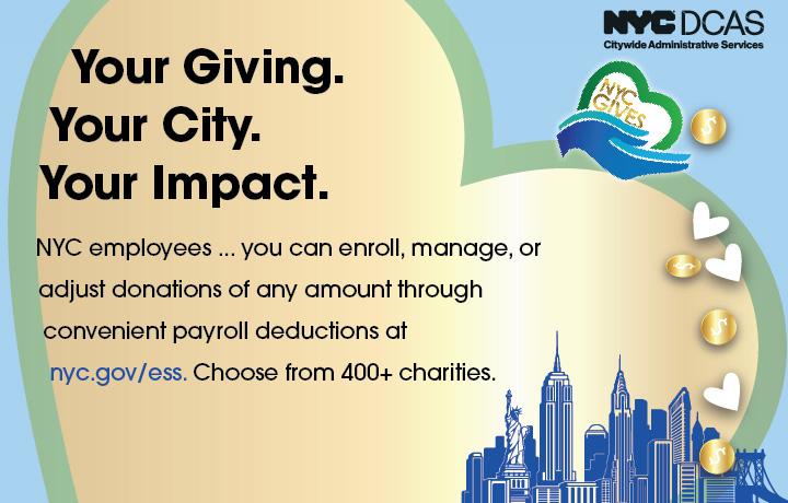Image with a hand holding a heart, gold coins, heart and the city skyline with N Y C D C A S logo.