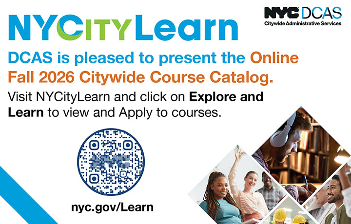 NY CityLearn Fall 2026 catalog with three images of people at various types of training sessions.
                                           