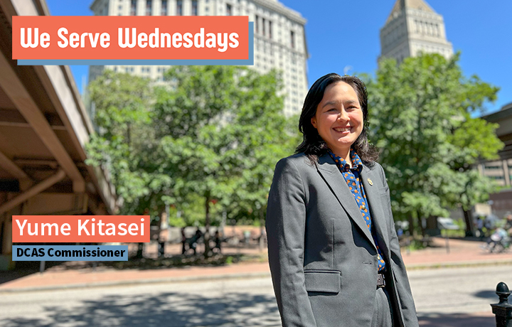 Commissioner Kitasei stands in police plaza behind the Municipal Building on a sunny day.


                                           