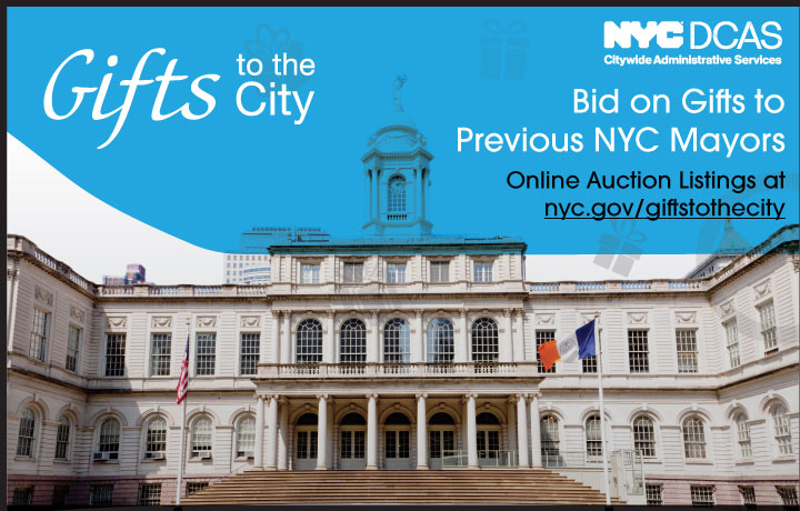 A graphic featuring City Hall and text about Gifts to the City auctions.
                                           
