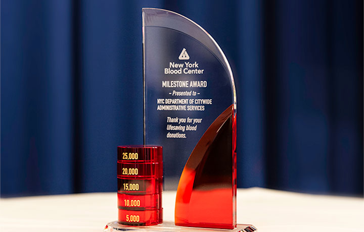 Clear award with red donation levels from 5,000 to 25,000.
                                           