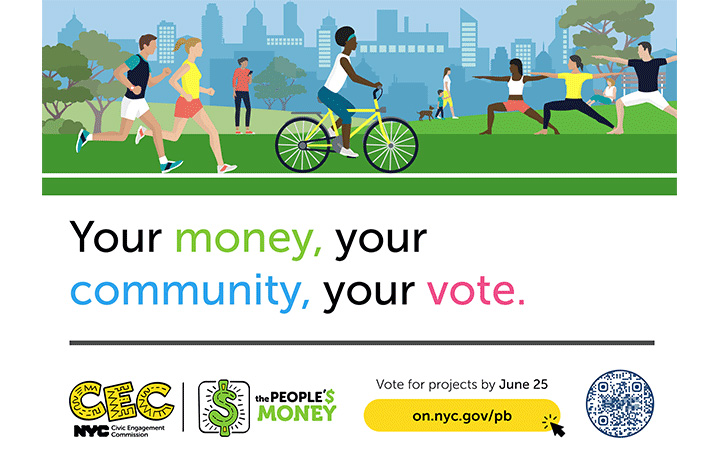 Illustration of people in a park riding bikes, stretching with skyline in backg.
                                           