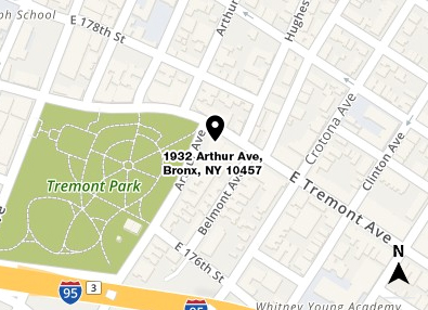 Map shows in red the location of 1932 Arthur Avenue in the Bronx and a small area of the surrounding streets