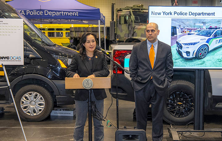 DCAS Commissioner and NYC Fleet Deputy Commissioner present on electric law enforcement fleet milestone.
                                           