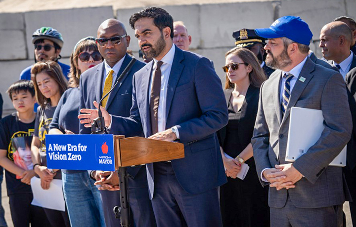 Mayor Mamdani and other officials hold press conference on Vision Zero initiatives.
                                           