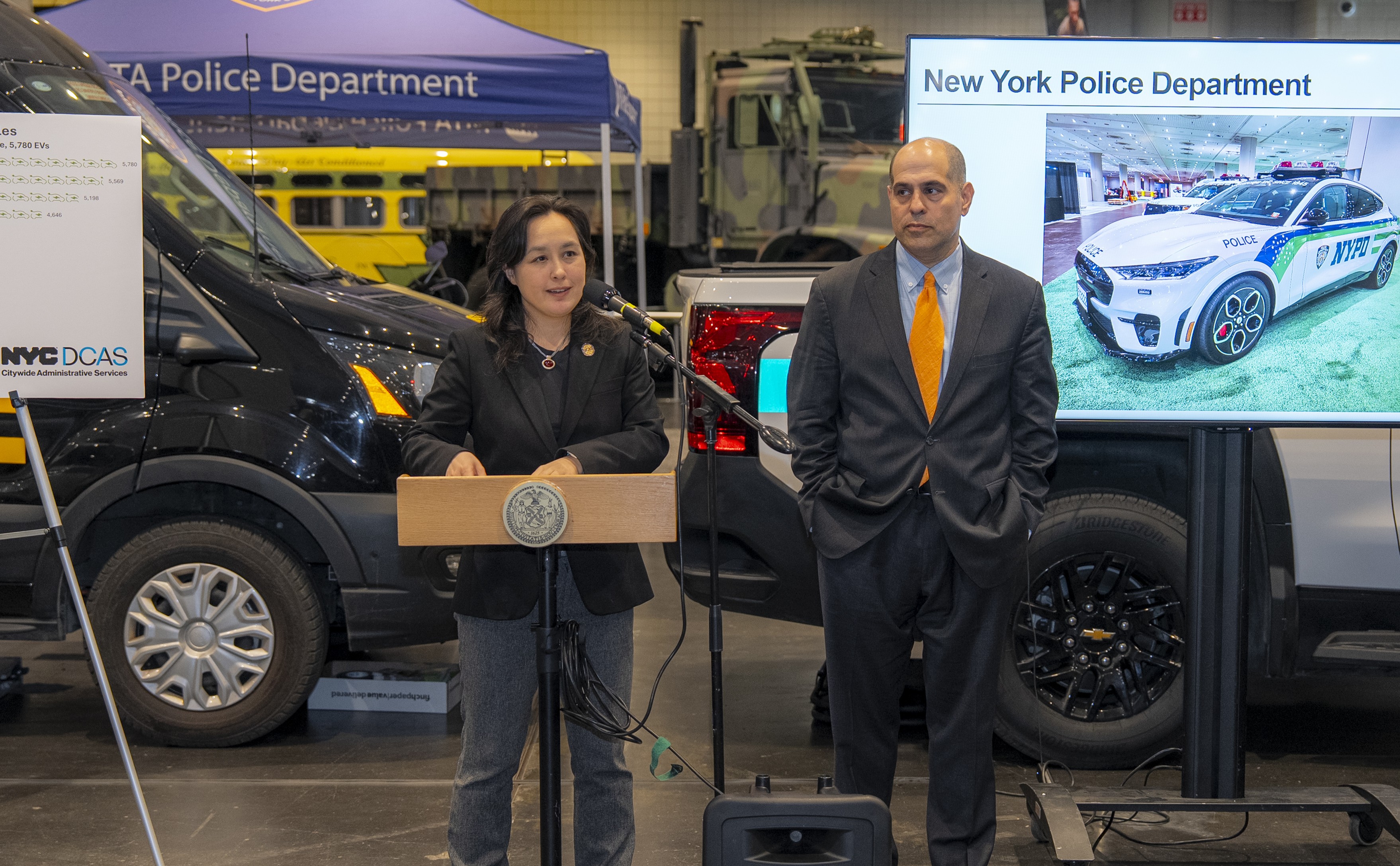 DCAS Commissioner Yume Kitasei and NYC Chief Fleet Officer and DCAS Deputy Commissioner Keith Kerman making major EV milestone announcement