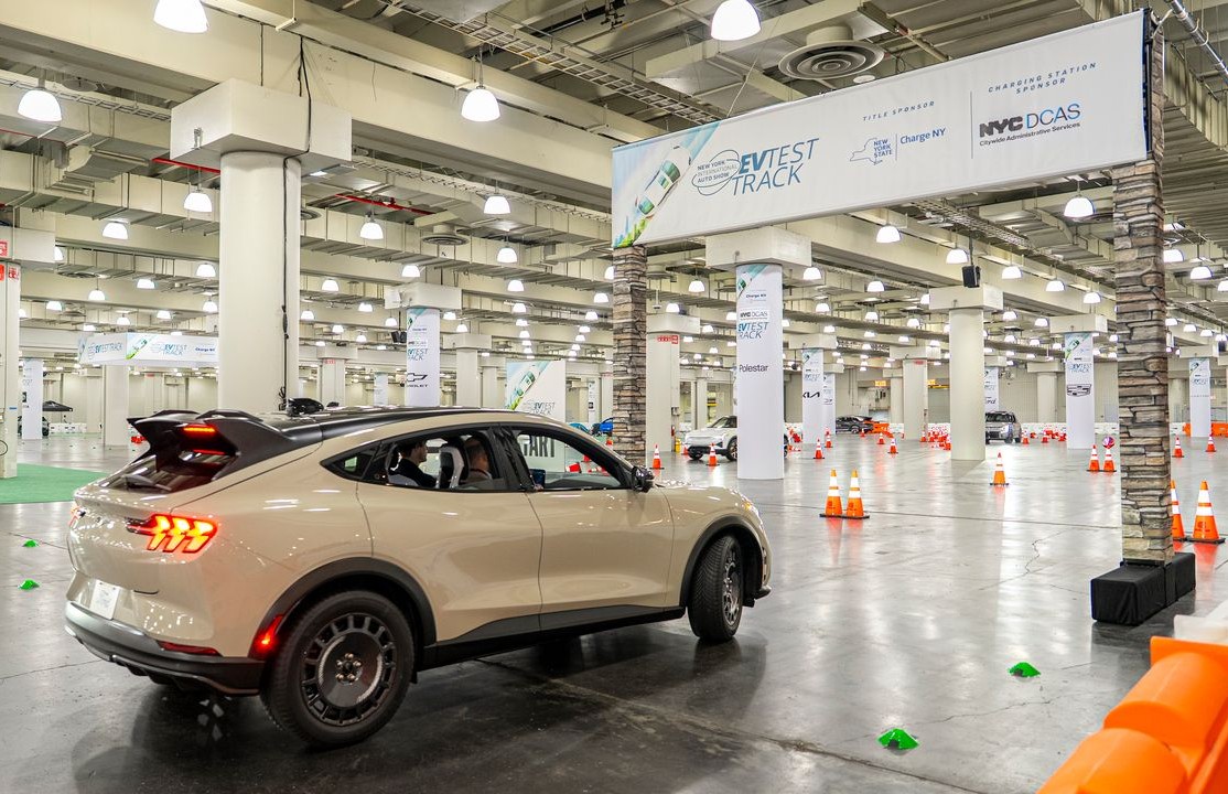 Vehicle testing on the NY International Auto Show's EV Test Track, charging stations sponsored by NYC DCAS