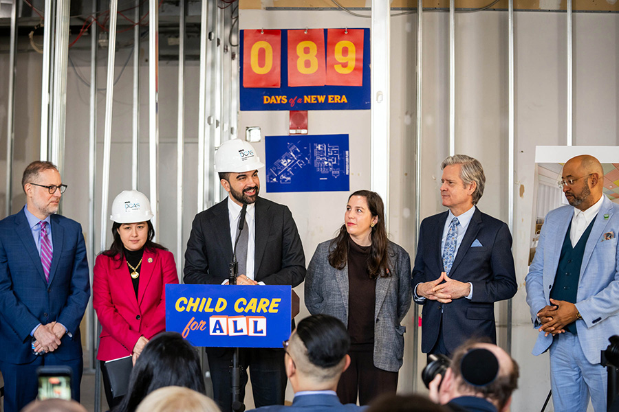 Photo of NYC Comptroller Mark Levine, DCAS Commissioner Yume Kitasei, NYC Mayor Zohran Mamdani, Manhattan Borough President Brad Hoylman-Sigal, and DC 37 Executive Director Henry Garrido.