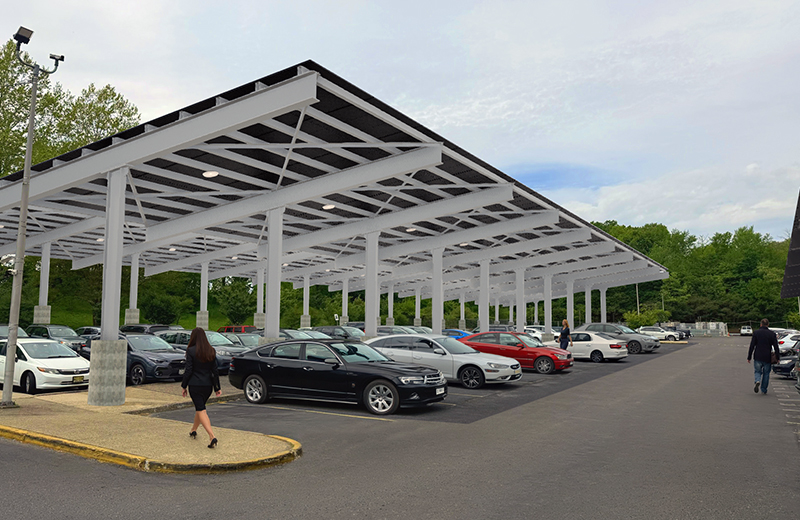 Solar canopy panels cover rows of parked cars in a large parking lot, with white support beams, trees, and an overcast sky in the background.