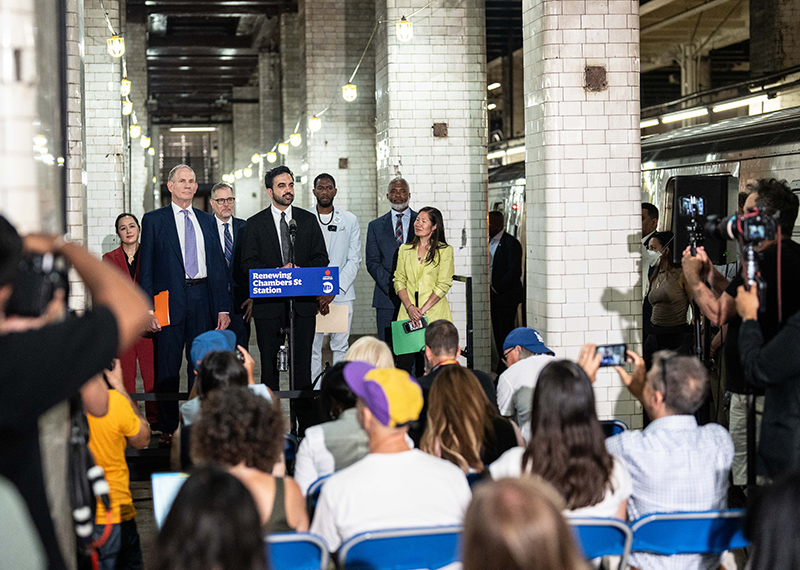 DCAS Commissioner Yume Kitasei, MTA Chair and CEO Janno Lieber, NYC Comptroller Mark Levine, NYC Mayor Zohran Mamdani, Public Advocate Jumaane D. Williams, President of New York City Transit Demetrius Crichlow, and Chief Climate Officer Louise Yeung (NYC Mayors Office).