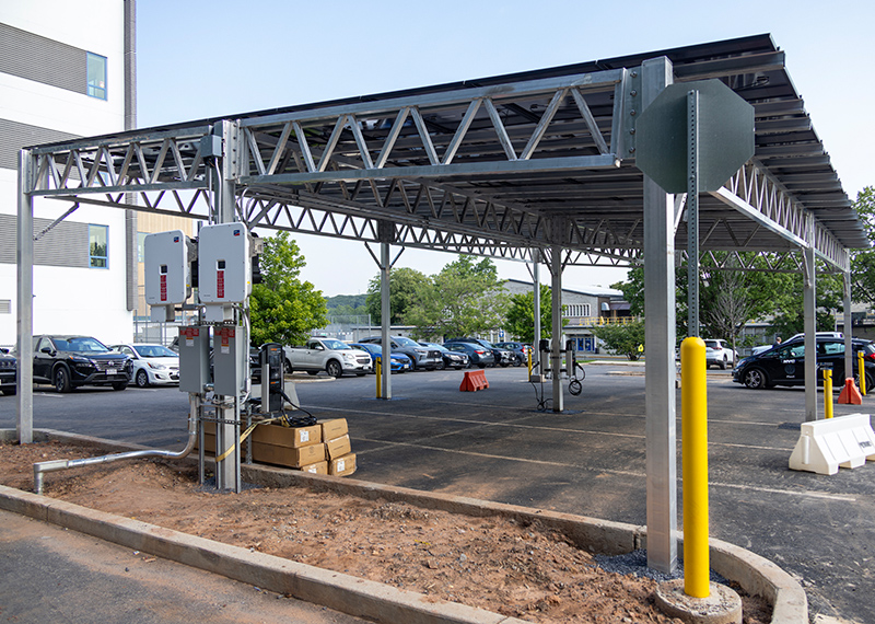 Solar canopy installed at The Michael J. Petrides School parking lot, Staten Island.