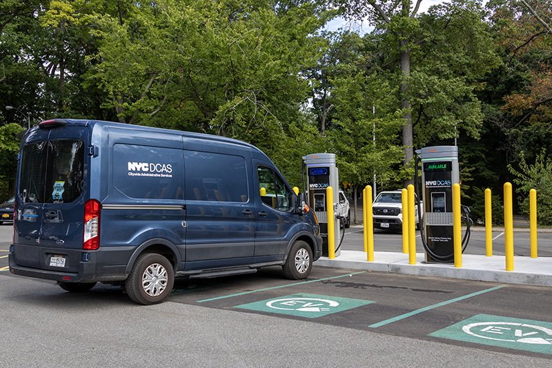 Newly unveiled electric vehicle charging stations at George Seuffert, Sr. Bandshell in Forest Park, Queens.