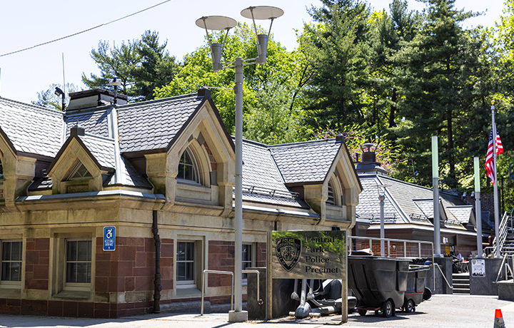 Newly installed high efficiency LED lights at the NYPD Central Park Precinct.
