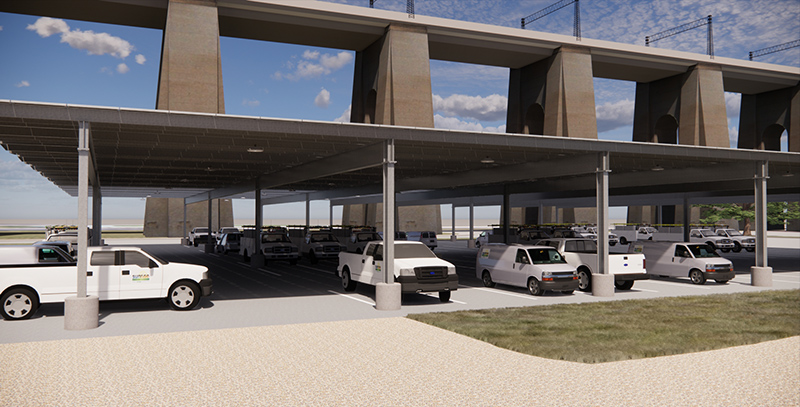 Rendering of solar canopies covering vehicles at Wards Island Wastewater Resource Recovery Facility.