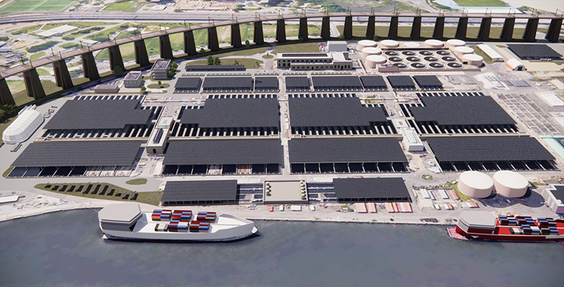 Rendering of the Wards Island Wastewater Resource Recovery Facility, showing extensive solar canopy arrays placed throughout the site.
