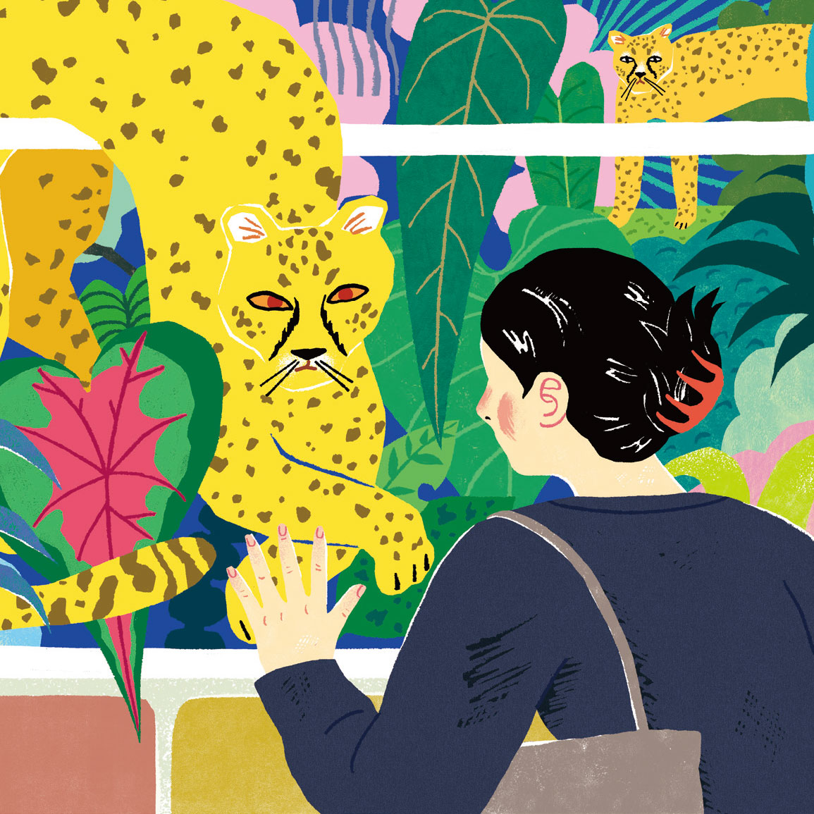 Digital illustration by Neko Jiang of a woman looking through a subway window into a fantastical forest landscape at cheetahs looking back at her.