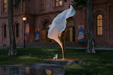 Evening rendering of a proposed monument to Billie Holiday featuring an abstract sculptural profile of the singer formed from flowing white and bronze shapes. A small white marble dog sculpture sits at the base looking upward toward the face. The monument stands beside a reflecting pool, with an illuminated cathedral-like building in the background.