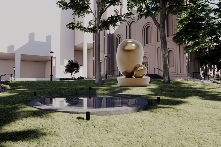 Artist rendering of a proposed Billie Holiday monument featuring a polished gold abstract sculpture composed of a large and smaller organic rounded form. The monument is situated beside a circular reflecting pool within a landscaped lawn shaded by trees and framed by a cathedral-like building.