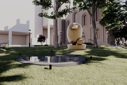 Artist rendering of a proposed Billie Holiday monument featuring a polished gold abstract sculpture composed of a large and smaller organic rounded form. The monument is situated beside a circular reflecting pool within a landscaped lawn shaded by trees and framed by a cathedral-like building.