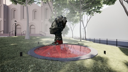 Artist rendering of a proposed monument to Billie Holiday featuring a large bronze portrait bust rising behind a circular reflecting pool. The sculpture shows Holiday in profile with stylized flowers in her hair and cascading petals flowing down her neck. Red mosaic tiles line the base of the reflecting pool and extend upward along the lower half of the figure’s neck. The monument is set on a grassy lawn in front of a brick cathedral-like building.