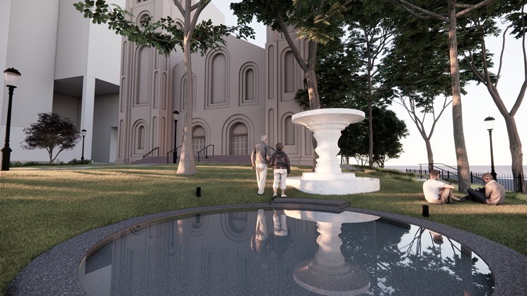 Artist rendering of a proposed monument to Billie Holiday taking the form of a large white sculptural pedestal with two cutout silhouettes of Holiday’s side profile facing one another. The monument sits beside a circular reflecting pool, on a grassy lawn in front of a brick cathedral-like building. Visitors are rendered observing the sculpture and sitting on the lawn.