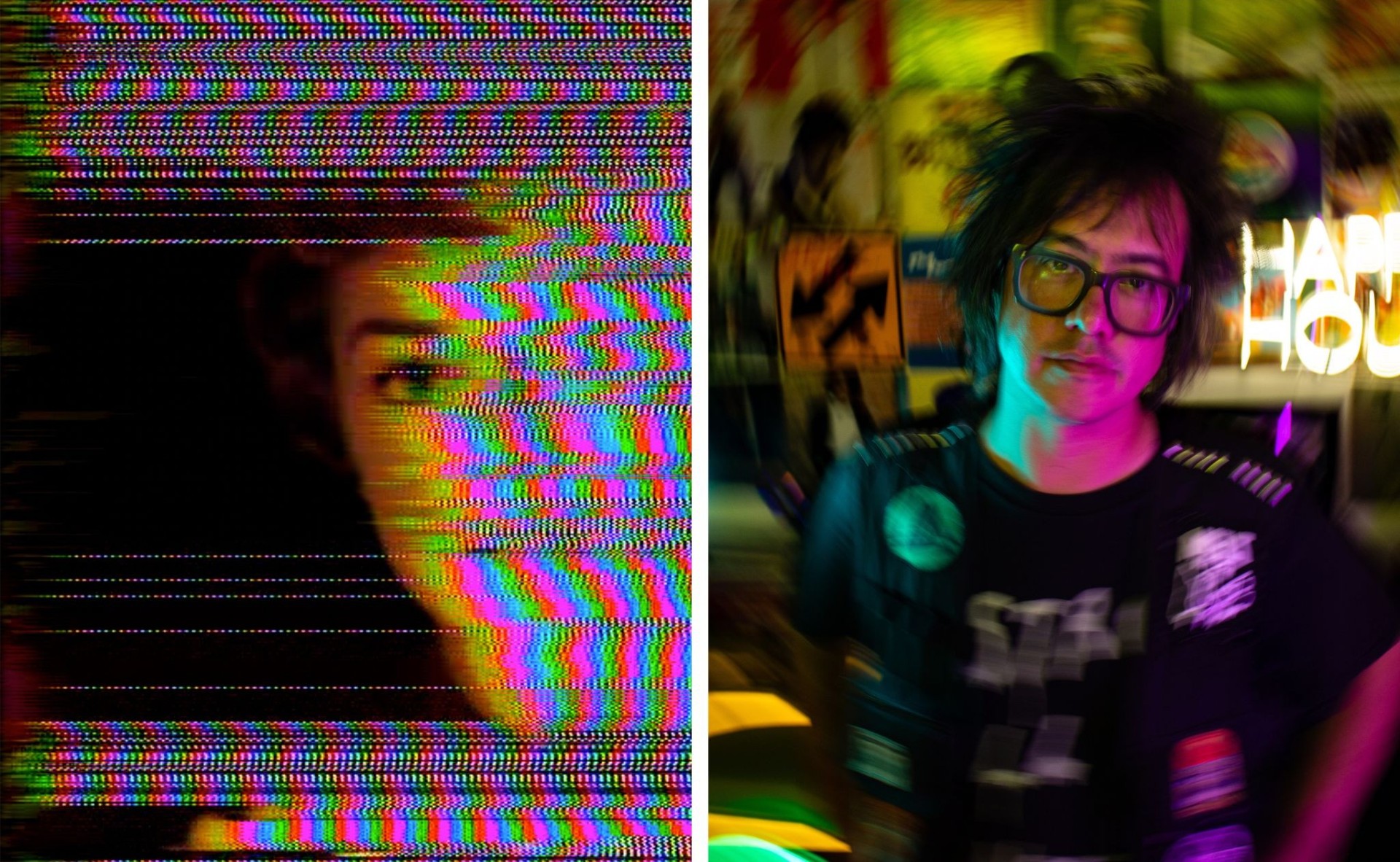 An image of a woman&rsquo;s face half-covered in static beside a photo of sTo Len