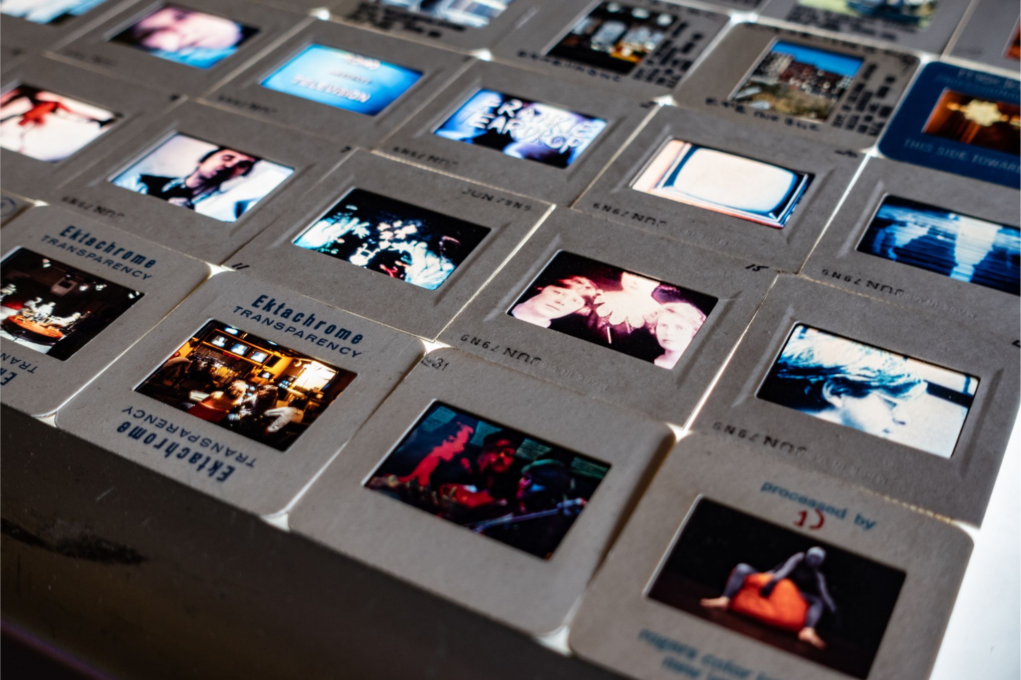 A photo of slides illuminated in sTo Len's studio