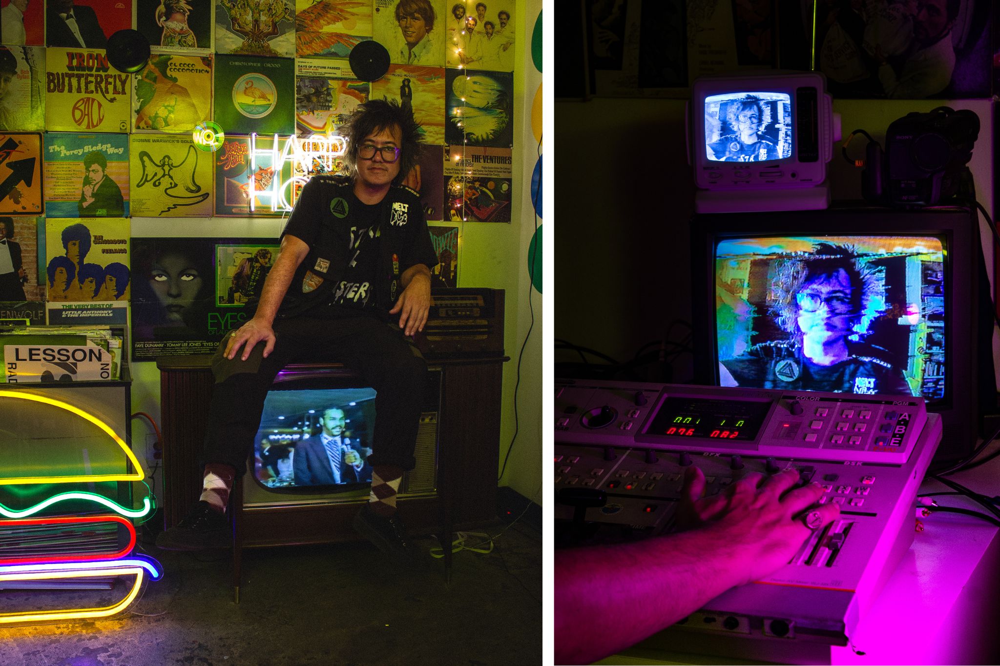 sTo Len on top of a TV beside a photo of his image appearing on two screens