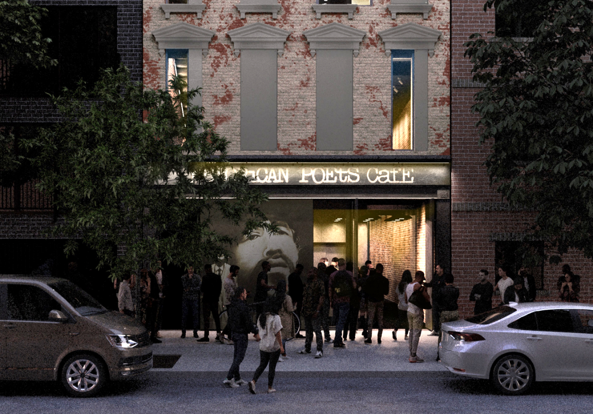 A rendering of the Cafe’s sleek façade.