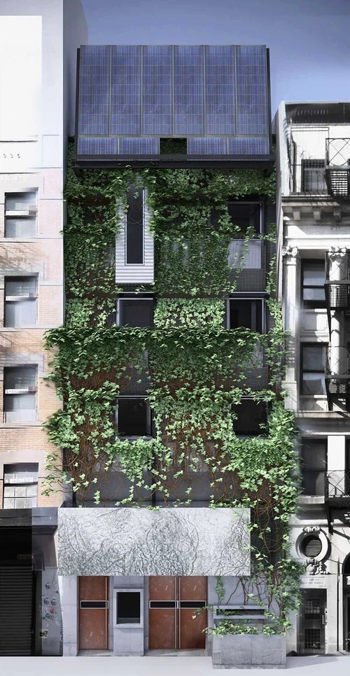 A rendering of ABC No Rio's new four-story home with ivy growing on the facade.