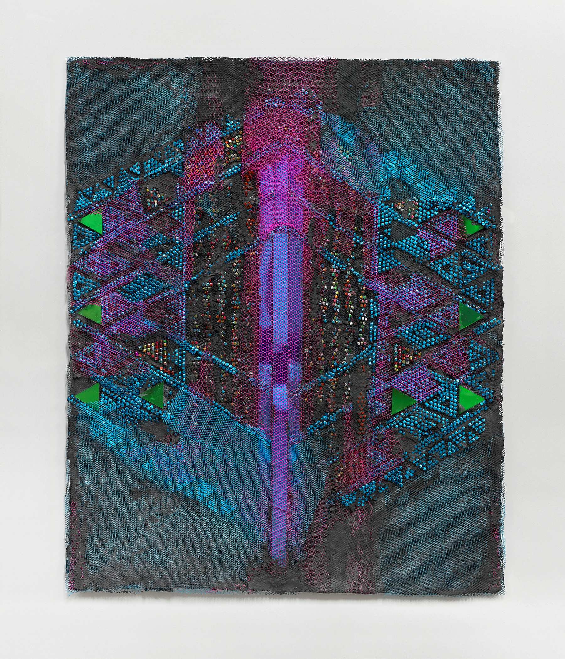 Blue and purple assemblage with ribbon, mesh, and beading in geometric shapes.