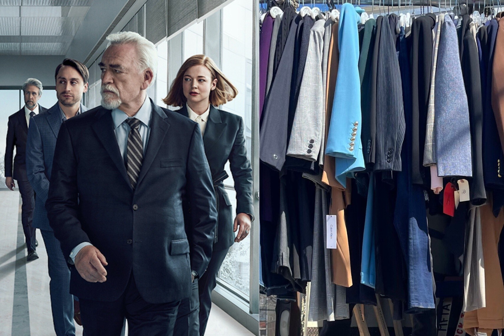 Side-by-side image of Succession characters beside a photo of donated wardrobe. 