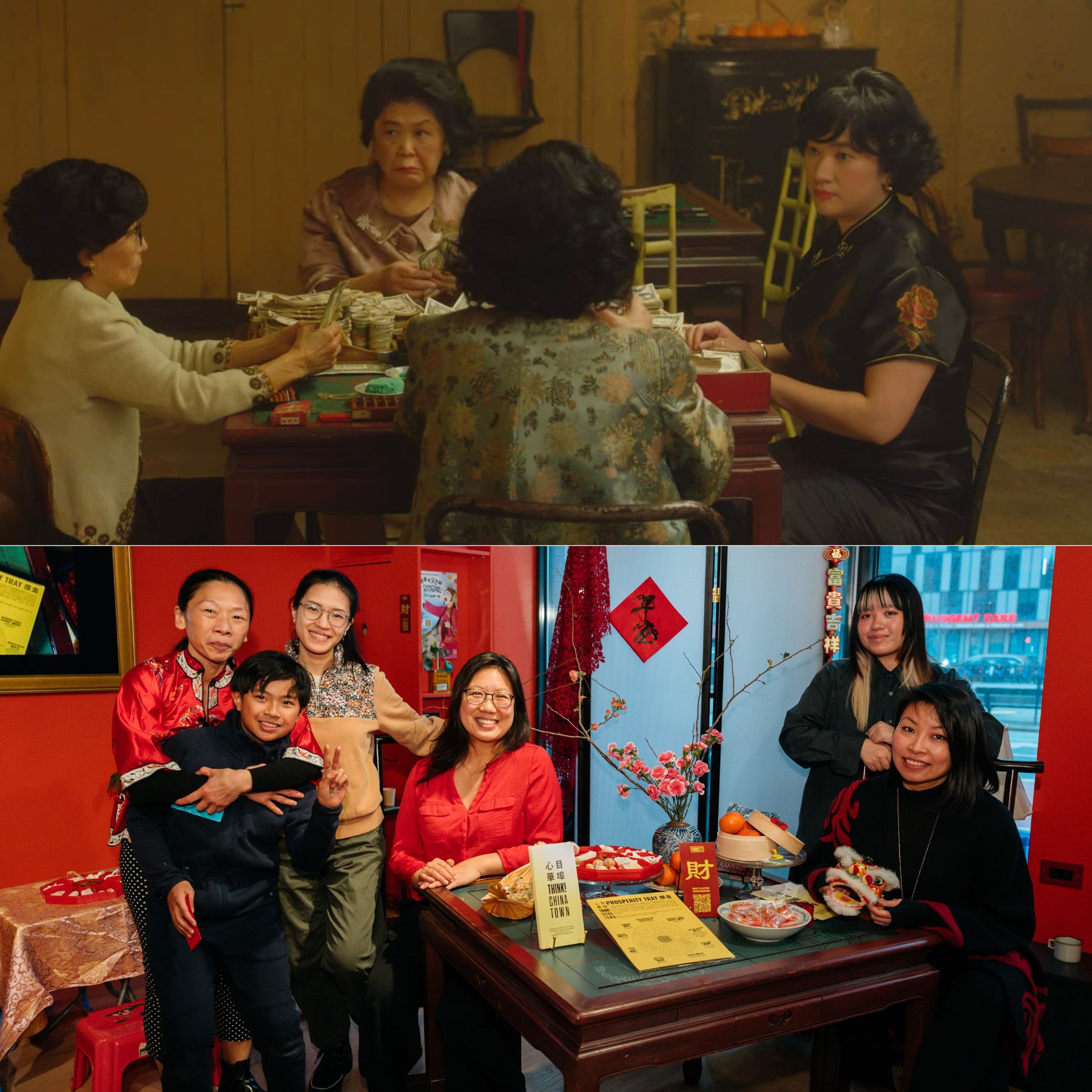 Characters sit at a mahjong table with a photo of Think!Chinatown at the table. 