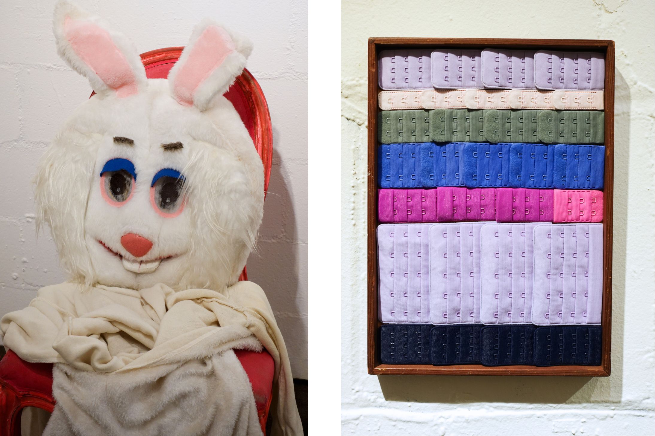 A rabbit costume lies in a red chair. Colorful bra clasps fill a frame.