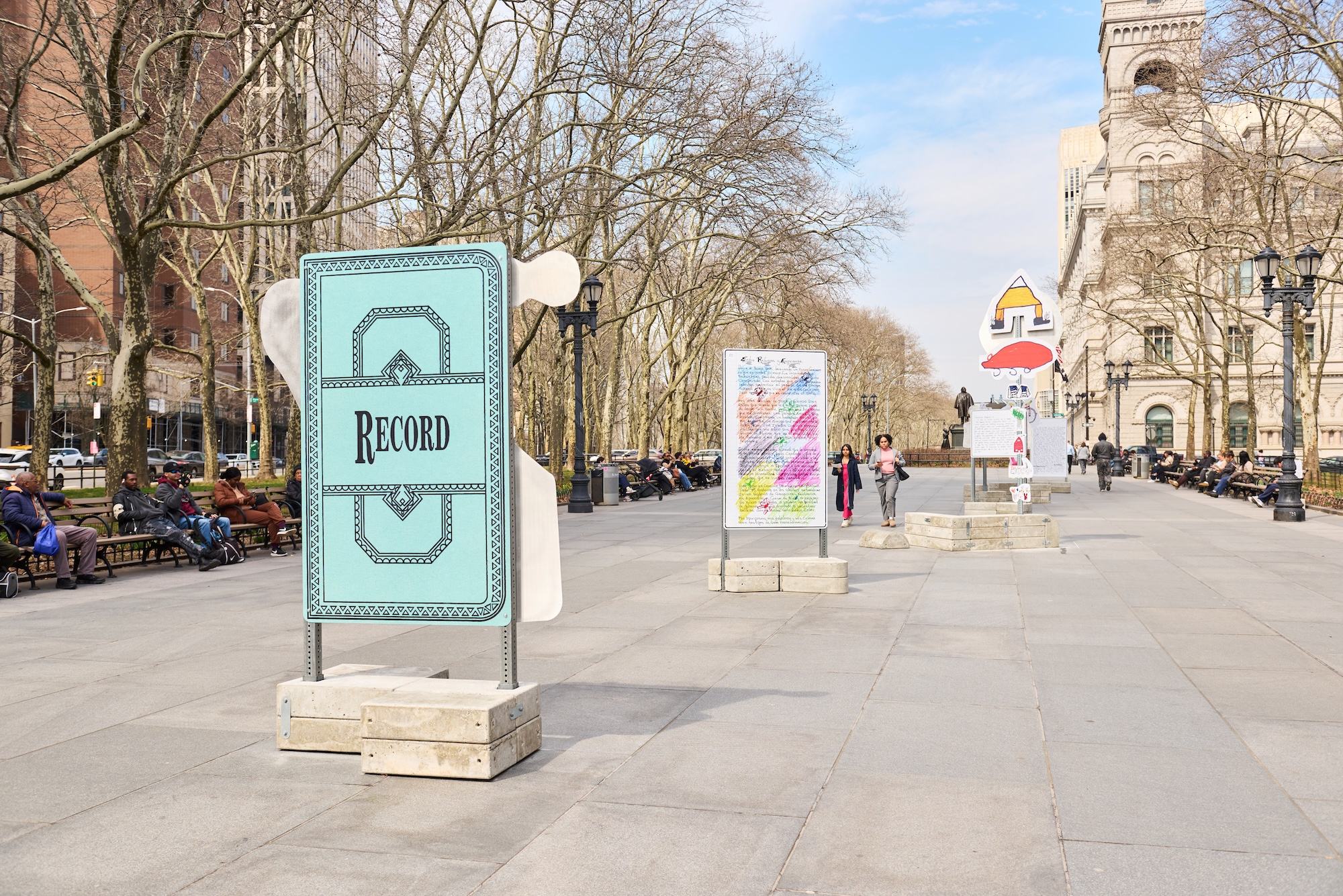 The artist's sign installation of log-book entries are mounted throughout Brooklyn's Columbus Park 