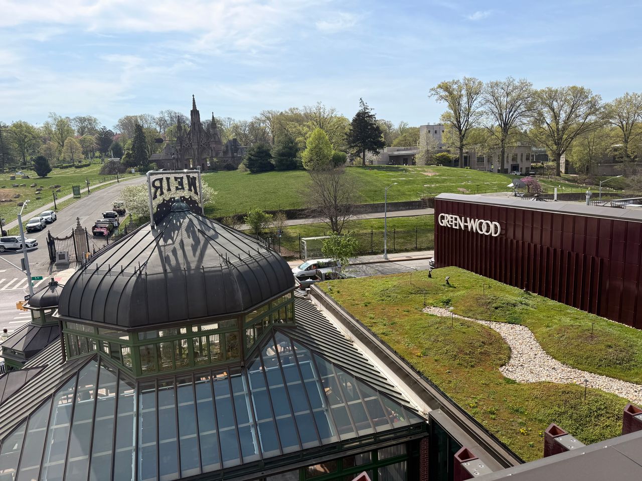 An aerial view of the welcome center and the cemetery. 