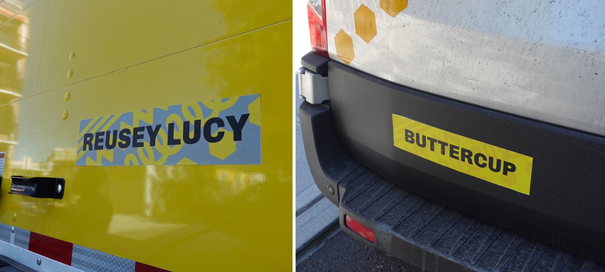 Side-by-side photo of the "Reusey Lucy" and "Buttercup" bumper stickers.